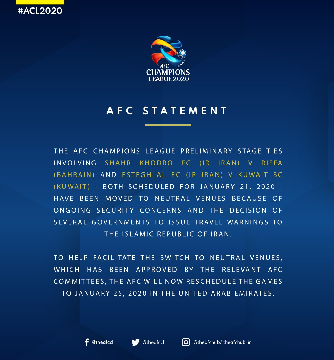 بیانیه رسمی AFC؛ امارات میزبان استقلال و شهر خودرو