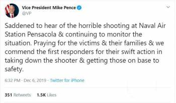 توئیتر / واکنش مایک پنس به حادثه تیراندازی در پایگاه هوایی متعلق به نیروی دریایی در پنساکولای فلوریدا