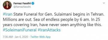 توئیتر / خبرنگار نیویورک تایمز: دریایی بیکران از مردم در مراسم تشییع سردار سلیمانی حضور یافته‌اند